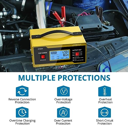 AUTOUTLET Upgraded 6/8/12/14/16/24V Battery Charger Automotive Smart Car Battery Charger and Trickle Maintainer 0-14A Fully Automatic with Cable Clamps for Lead-Acid Batteries(NOT Lithium Battery) - color: Yellow