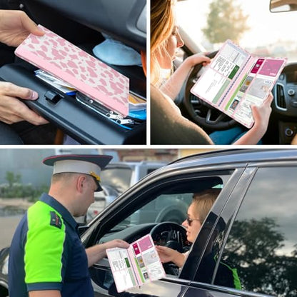 Car Registration and Insurance Holder, with Magnetic Closure for License, Cards and Documents, All Vehicle Needs and Car Accessories (Cow-Pink) - color: Cow-Pink
