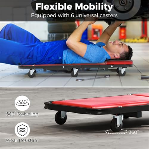 Garage Creeper for Under Vehicle Work, Mechanic Creeper, Rolling Creeper with 6 Swivel Casters, Padded Garage Repair Cart for Under Car Work, Low Profile Shop Creeper, Car Repair Slider Tool - Red
