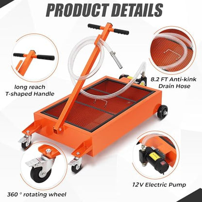 PeakPursuit 15 Gallon Oil Drain Pan with Pump-Electric Rolling Oil Drain Cart with 8Ft Hose, Folding t-Handle & Caster Wheels, for Semi Truck, SUVs and Cars