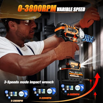 1500N.m Impact Wrench, 1/2" High Torque 1107ft-lbs Cordless Impact Gun with 2 x 4.0Ah Battery, 21V Power Impact Driver with 5 Sockets,LED Light,Electric Impact Truck RV Car Heavy Construction - size: 1500N