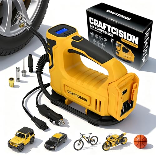 Tire Inflator Portable Air Compressor Compatible with Dewalt 20V Battery Electric Air Pump with Digital Pressure Gauge, Built-In Deflation Valve for Cars Bikes Balls(Battery Not Included) - color: Yellow-compatible With Dewalt