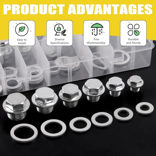 28 Sets Oil Drain Plug Assortment Kit, M10 M12 M14 M16 M18 M20 Steel Oil Drain Plugs with Aluminum Washer Gasket, Engine Oil Drain Plug Replacement Compatible with Honda, Hyundai, Toyota, Ford