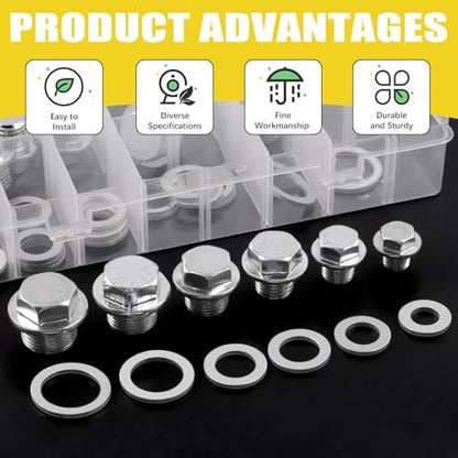 28 Sets Oil Drain Plug Assortment Kit, M10 M12 M14 M16 M18 M20 Steel Oil Drain Plugs with Aluminum Washer Gasket, Engine Oil Drain Plug Replacement Compatible with Honda, Hyundai, Toyota, Ford