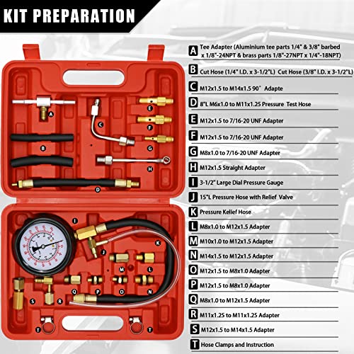 0-140 PSI Automotive Fuel Pressure Tester Kit for Gasoline Engines | For gasoline engines; 1/4 in and M6 test hoses with M8, M10, M12 and M14 adapters; not for diesel or direct injection