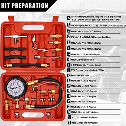 0-140 PSI Automotive Fuel Pressure Tester Kit for Gasoline Engines | For gasoline engines; 1/4 in and M6 test hoses with M8, M10, M12 and M14 adapters; not for diesel or direct injection