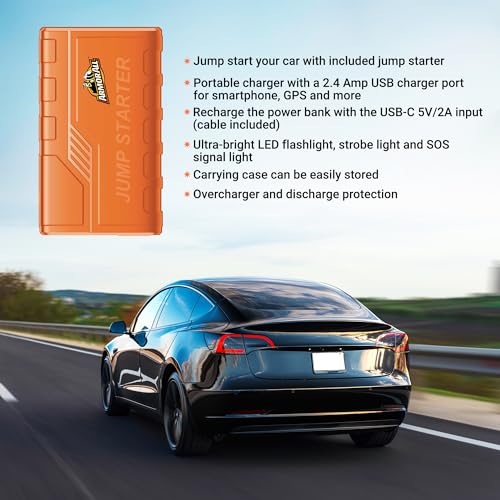 Armor All Car Jump Starter Emergency Power Bank Kit, 800 Amp Peak, 2.4 Amp Phone Charge USB Port, LED Light, Strobe, SOS, Overcharge & Discharge Protection, 7200mAh, For Cars Trucks Motorcycles & More