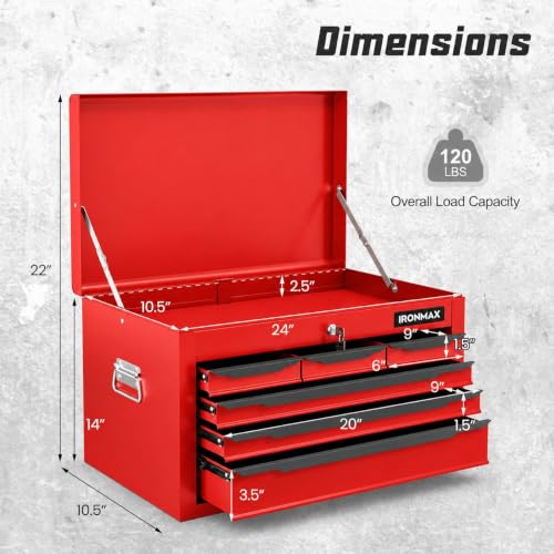 ARNOT Large Metal Tool Box, Tool Box with 6 Drawers & Top Tray, Heavy-Duty Steel Tool Chest with Auto-Locking Drawers and Side Handles for Garage & Workbench, Red - color: Red