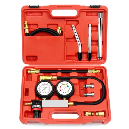 YSTOOL Cylinder Leak Down Tester Automotive Kit Gasoline Engine Compression Dual Gauge Leakdown Detector Tool Set for Pressure Check & Leakage Rate Test with Extension Rod Red - color: Red
