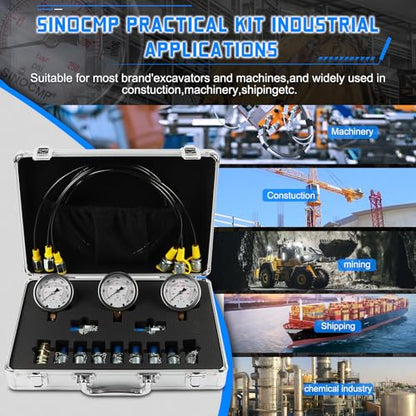 Hydraulic Pressure Gauge Test Kit Tractor Hydraulic Tester Set with 3 Gauges(25/40/60Mpa) 3 Hoses(64.5in) 11 Quick Connectors for Excavator Construction Machinery(Silver) - size: Silver 3 Gauges 11 Connector