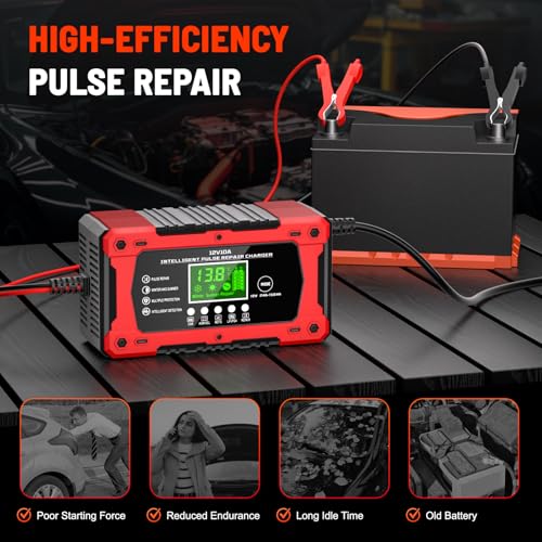 Car Battery Charger 12V 10A Automatic Smart Trickle Charger & Maintainer | Temperature Compensation LCD Display 8 In 1 Protection Suitable for Car Truck Motorcycle Lawn Mower Boat - color: Light Red