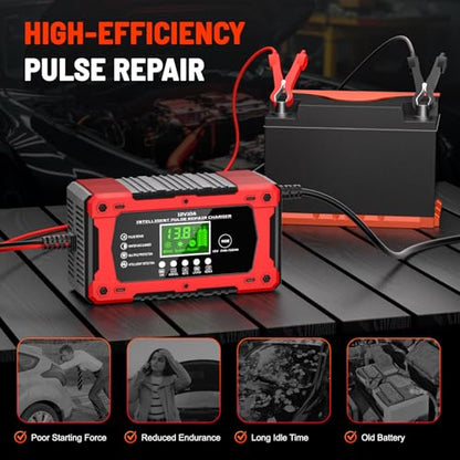 Car Battery Charger 12V 10A Automatic Smart Trickle Charger & Maintainer | Temperature Compensation LCD Display 8 In 1 Protection Suitable for Car Truck Motorcycle Lawn Mower Boat - color: Light Red