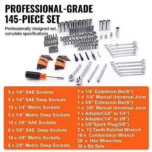 VEVOR Mechanics Tool Set and Socket Set, 1/4" and 3/8" Drive Deep and Standard Sockets, 145 Pcs SAE and Metric Mechanic Tool Kit with Bits, Combination Wrench, Hex Wrenches, Accessories, Storage Case - size: 1/4"&3/8", style: NEW 145 PC