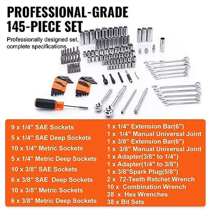 VEVOR Mechanics Tool Set and Socket Set, 1/4" and 3/8" Drive Deep and Standard Sockets, 145 Pcs SAE and Metric Mechanic Tool Kit with Bits, Combination Wrench, Hex Wrenches, Accessories, Storage Case - size: 1/4"&3/8", style: NEW 145 PC