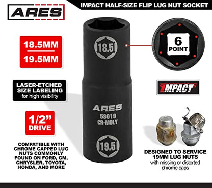 ARES 59019 18.5x19.5mm Half Size Lug Nut Flip Socket - 1/2-In Drive | Removes Warped, Damaged & Bloated Chrome Capped Lug Nuts - size: 18.5 x 19.5mm