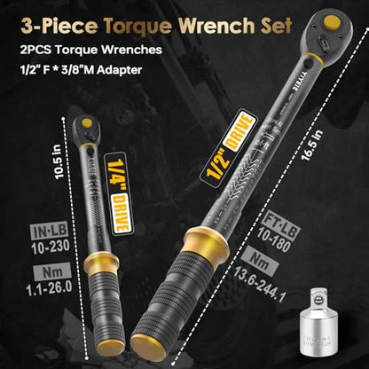 3 in 1 Torque Wrench Set with Upgraded Lock Ring, 1/4" & 1/2" Drive (10-230 In.lb/10-180 Ft.lb) Torque Wrenches with 3/8" Adapter, ±3% Accuracy, 72-Tooth Dual-Scales for Bike, Motor, Car Maintenance - size: 1/2″1/4″ 3 PCS