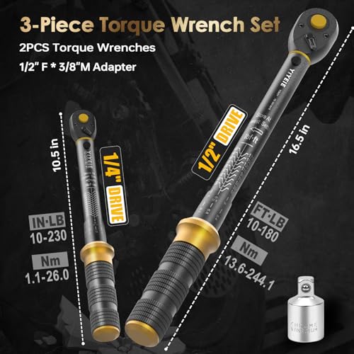 3 in 1 Torque Wrench Set with Upgraded Lock Ring, 1/4" & 1/2" Drive (10-230 In.lb/10-180 Ft.lb) Torque Wrenches with 3/8" Adapter, ±3% Accuracy, 72-Tooth Dual-Scales for Bike, Motor, Car Maintenance - size: 1/2″1/4″ 3 PCS