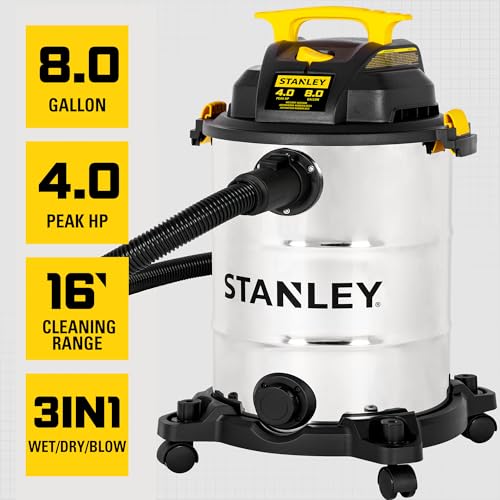 STANLEY 8 Gallon Wet Dry Vacuum, 4 Peak HP Portable Shop Vacuum with Drain Port & Blower, Industrial Wet Dry Vacuum Cleaner, Stainless Steel Tank for Garage, Workshop, Car Detailing, Jobsite, SL18117