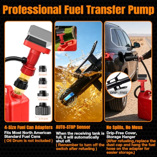Fuel Transfer Pump for DeWalt 20V Battery, 5GPM Auto Stop Electric Diesel Kerosene Motor Oil Extractor Pump with 4 Size Gas Can Adapters, Drip Free Fuel Pump for Tractor Car Boat Generator Lawn Mower
