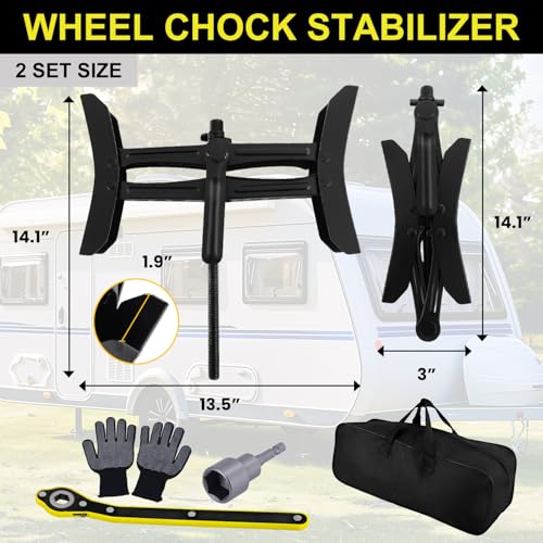 Camper Wheel Chock Stabilizer 2 Sets, Heavy Duty X-Shaped RV Stabilizer Wheel Chock Accessories with Wrench, Anti-Move Tire Wheel Chock for Travel Trailer, Fits 3.5" to 12" Wheel Gaps