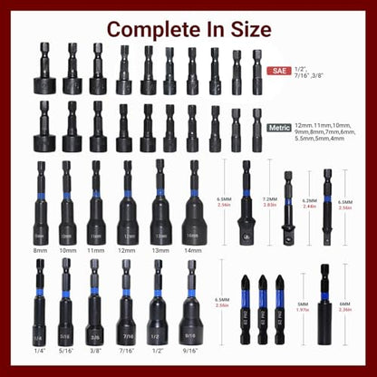 39-Piece Magnetic Nut Driver Set, Includes Metric & SAE Impact Driver Bit Set, Bit Extension & Drill Bit Adapter | 1/4" Hex Shank | Cr-V Steel, Screwdriver Bits, Bit Holder, Slotting Tool Box - size: 39-Piece Magnetic Nut Driver Set