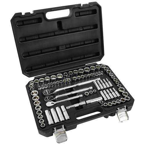 GreatNeck 82-Pc Mechanic Tool Set, SAE & Metric Socket and Ratchet Set, Mechanic Gifts, Tool Box with Tools, 1/4", 3/8", 1/2" Drive, Durable Storage Case - style: 82-Piece Mechanic's Set