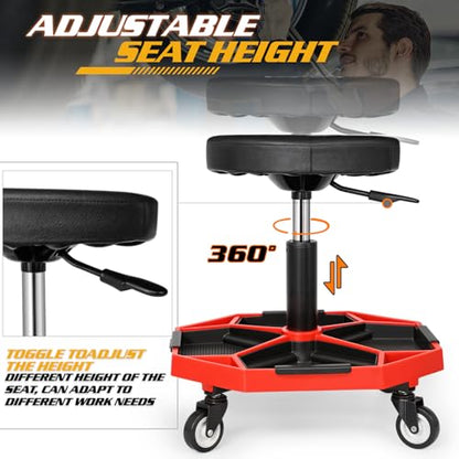 Magshion Adjustable Mechanics Stool with Wheels – 300 lbs Capacity Rolling Shop Stool for Garage & Workshop, Pneumatic Height Adjustable Work Chair with Tool Tray (Red)