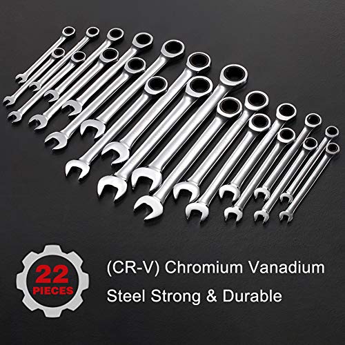 BULLTOOLS 23-Piece Ratchet Wrenches Chrome Vanadium Steel Ratcheting Wrench Set with Metric and SAE 72-Tooth Box End and Open End Standard Wrench Set with Organizer Box