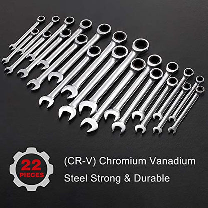 BULLTOOLS 23-Piece Ratchet Wrenches Chrome Vanadium Steel Ratcheting Wrench Set with Metric and SAE 72-Tooth Box End and Open End Standard Wrench Set with Organizer Box