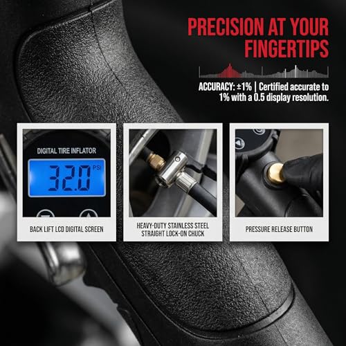 Digital Tire Pressure Gauge with Inflator | 3-250 PSI, Air Chuck & Compressor Accessories, Heavy Duty, Quick Connect Coupler, 0.1 Display Resolution