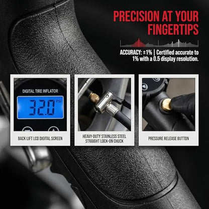 Digital Tire Pressure Gauge with Inflator | 3-250 PSI, Air Chuck & Compressor Accessories, Heavy Duty, Quick Connect Coupler, 0.1 Display Resolution