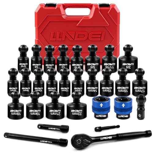 LLNDEI 29Pcs Swivel Socket Set, Quick Release Design, CR-MO 3/8 Swivel Sockets Metric(8-22mm)&Sae(5/16"-3/4"), Wobble Socket Set with Ratchet Wrench, Extension Bar and Adapters. - size: 29Pcs Quick-Release 3/8" Swivel Socket Set S&M