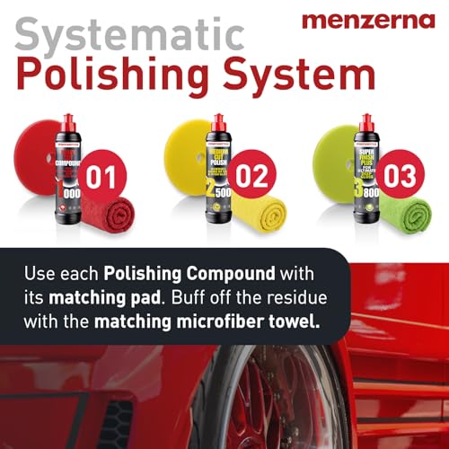menzerna Polishing Set 8oz – HCC1000, MCC2500 & SFP3800 | 3-Step System incl. 3 Matching 6-Inch Pads & 3 Matching Microfiber Towels for Scratch Removal, Swirl Elimination & Mirror-Like Finish - color: Polishing Set 8oz + Pad + MF