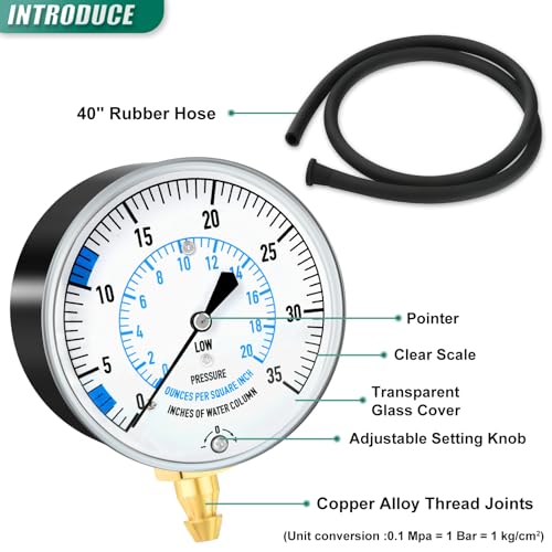 0-35" Natural Gas or LP Gas Manifold Pressure Test Kit, 1/8" NPT Fitting, 40" Feet Hose, Hex Bushing and Barbed Connection, for Kitchen and Industrial Equipment - size: 0-35" W.C