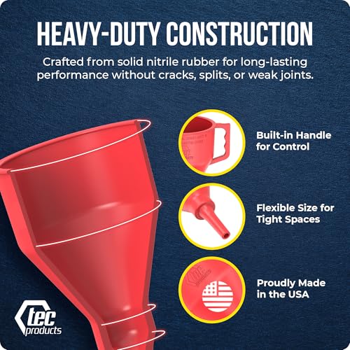TEC Products FlexAll Short Neck Funnel - Flexible Funnel w/Hose, Durable Nitrile Rubber Automotive Funnels - Oil Change Tool for Transmission Fluid, Diesel, Gas - USA Made - Large (11 x 5.73 Inches) - size: Large