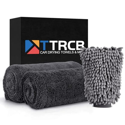 TTRCB 2 Pack 1300 GSM Car Drying Towels (36" x 24"), Microfiber Towels for Cars, Ultra-Absorbent, Streak Free, Car Wash Mitt, Car Detailing Supplies, Car Wash Kit, Car Cleaning Supplies Kit for SUV,RV