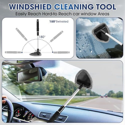 Gray Windshield Cleaner Tool, Car Interior Cleaning Kit with Extendable Handle and 3 Reusable Microfiber Pads, Auto Glass Wiper and Detailing Brush Kit for Car & Home Window - color: Gray