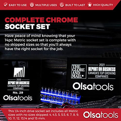 Olsa Tools Metric Deep Socket Set - 1/4-Inch Drive, 14pc - 6-Point Chrome Sockets from 4mm–15mm and No Skipped Sizes - Mechanic Deep Metric Socket Set - Professional Grade Long Sockets - Part: 1327 - color: Metric Deep, size: 14pc, 1/4-Inch Drive