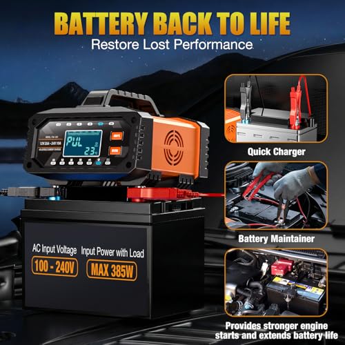 2026 Upgraded 0.5/2/5/10/15/20Amp Adjustable Current Battery Charger, 12V/24V Smart Car Battery Trickle Charger Maintainer w/Auto Shutoff, Desulfator, for LiFePO4 AGM, STD, Gel, Deep Cycle Batteries