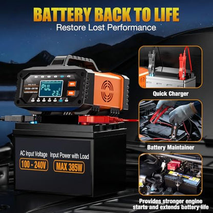 2026 Upgraded 0.5/2/5/10/15/20Amp Adjustable Current Battery Charger, 12V/24V Smart Car Battery Trickle Charger Maintainer w/Auto Shutoff, Desulfator, for LiFePO4 AGM, STD, Gel, Deep Cycle Batteries