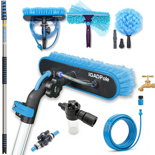IGADPole 24 FT Water-Fed Washing Kit with Soap-Dispenser, Brush, 10″ Squeegee & Cobweb Duster for Windows, Gutters, Solar Panels & Exterior Walls - size: 24 ft Pole