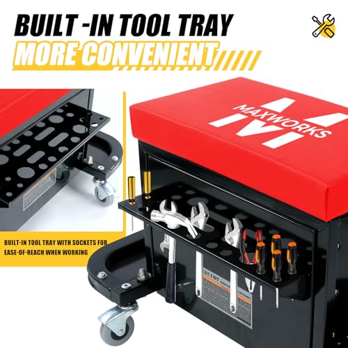 MaxWorks MW-0206 3-Drawer Rolling Tool Chest Seat – 350 lb Capacity Heavy-Duty Mechanic Stool with Magnetic Trays, Tool Rack, and Padded Cushion for Garage & Workshop
