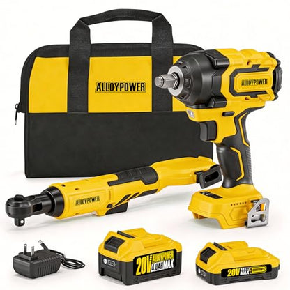 1/2'' Brushless Impact Wrench 516 ft-lbs(700 Nm) and 3/8'' Cordless Ratchet Wrench 44 ft-lbs (60 Nm),20V Wrench Combo Set, with Variable Speed, LED Light, 4.0Ah &2.0Ah Battery, Charger