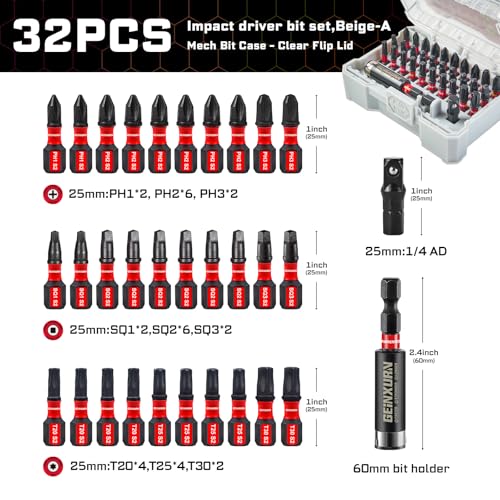 Geinxurn 32Pieces Impact Screwdriver Bits Set, S2 Steel Magnetic Phillips/Square/Torx Muliti Insert Bits Tips Set with Impact Bit Holder and 1/4”Socket Adapter(Beige Storage Box Case) - style: FQ032025-ABG