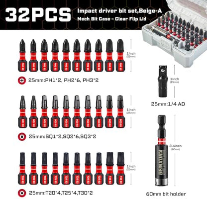 Geinxurn 32Pieces Impact Screwdriver Bits Set, S2 Steel Magnetic Phillips/Square/Torx Muliti Insert Bits Tips Set with Impact Bit Holder and 1/4”Socket Adapter(Beige Storage Box Case) - style: FQ032025-ABG