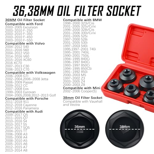 7PCS Oil Filter Sockets with 3/8" Drive,Gear wrench Oil Filter Socket Set Includes 38mm/36mm/32mm/30mm/29mm/27mm/24mm,Car Accessories Compatible with BMW/Ford/GMC/Chevrolet