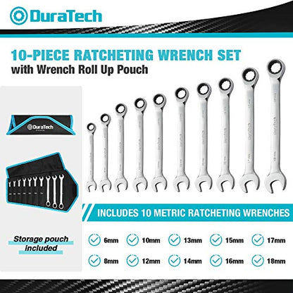 DURATECH Ratcheting Wrench Set, Combination Wrench Set, Metric, 10-piece, 6-18mm, CR-V Steel, with Pouch - size: 6.0-18.0mm, style: Regular