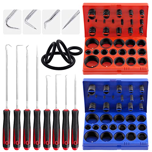 Glarks 834Pcs Metric & SAE O-Rings Assortment Kit Including 407Pcs SAE Rubber O-Rings, 419Pcs Metric O-Rings, 8Pcs Long and Short Picks and Hooks and 1pc Tool Bag for Plumbing, Gas, Automotive Repair