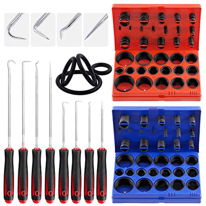 Glarks 834Pcs Metric & SAE O-Rings Assortment Kit Including 407Pcs SAE Rubber O-Rings, 419Pcs Metric O-Rings, 8Pcs Long and Short Picks and Hooks and 1pc Tool Bag for Plumbing, Gas, Automotive Repair