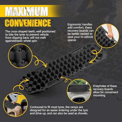 BUNKER INDUST Off-Road Traction Boards with Jack Lift Base,2 Pcs Multifunctional Recovery Track Ramp Traction Mat for 4WD UTV SUV Truck-Mud, Sand, Snow Tire Traction Devices Black with Carry Bag